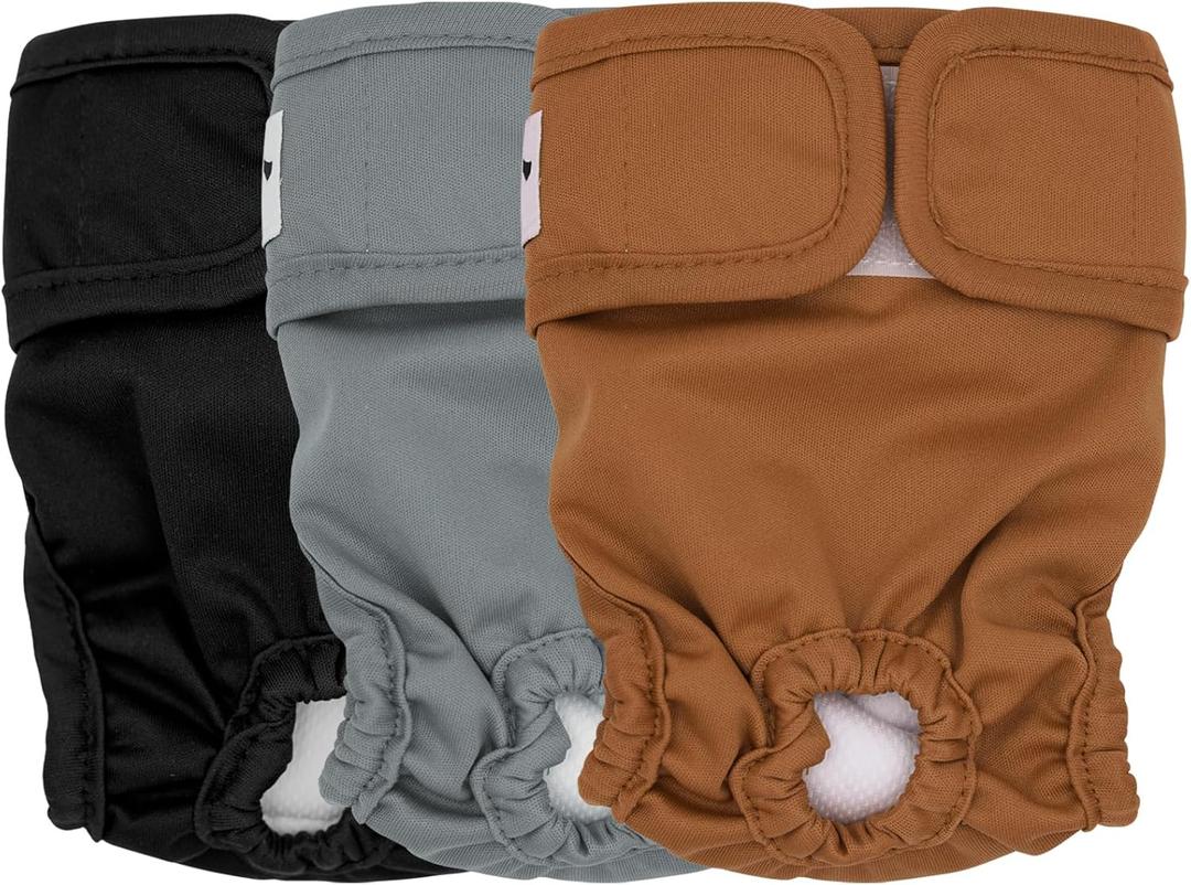 3 Pack Female Dog Diapers Washable - Premium Reusable Diapers for Dogs in Heat - Highly Absorbent for Puppies, Incontinence - Multiple Colors & Sizes(S, Black+Grey+Brown)