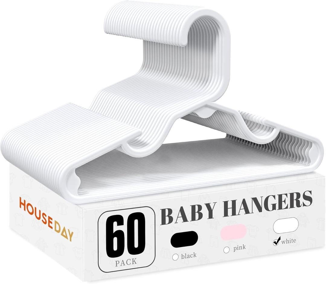 HOUSE DAY Plastic Baby Hangers for Closet 60 Pack, Durable Plastic Kids Hangers for Baby Clothes, Thin & Compact Childrens Hangers, Space Saving White Baby Hanger, Small Hanger for Kids Clothes