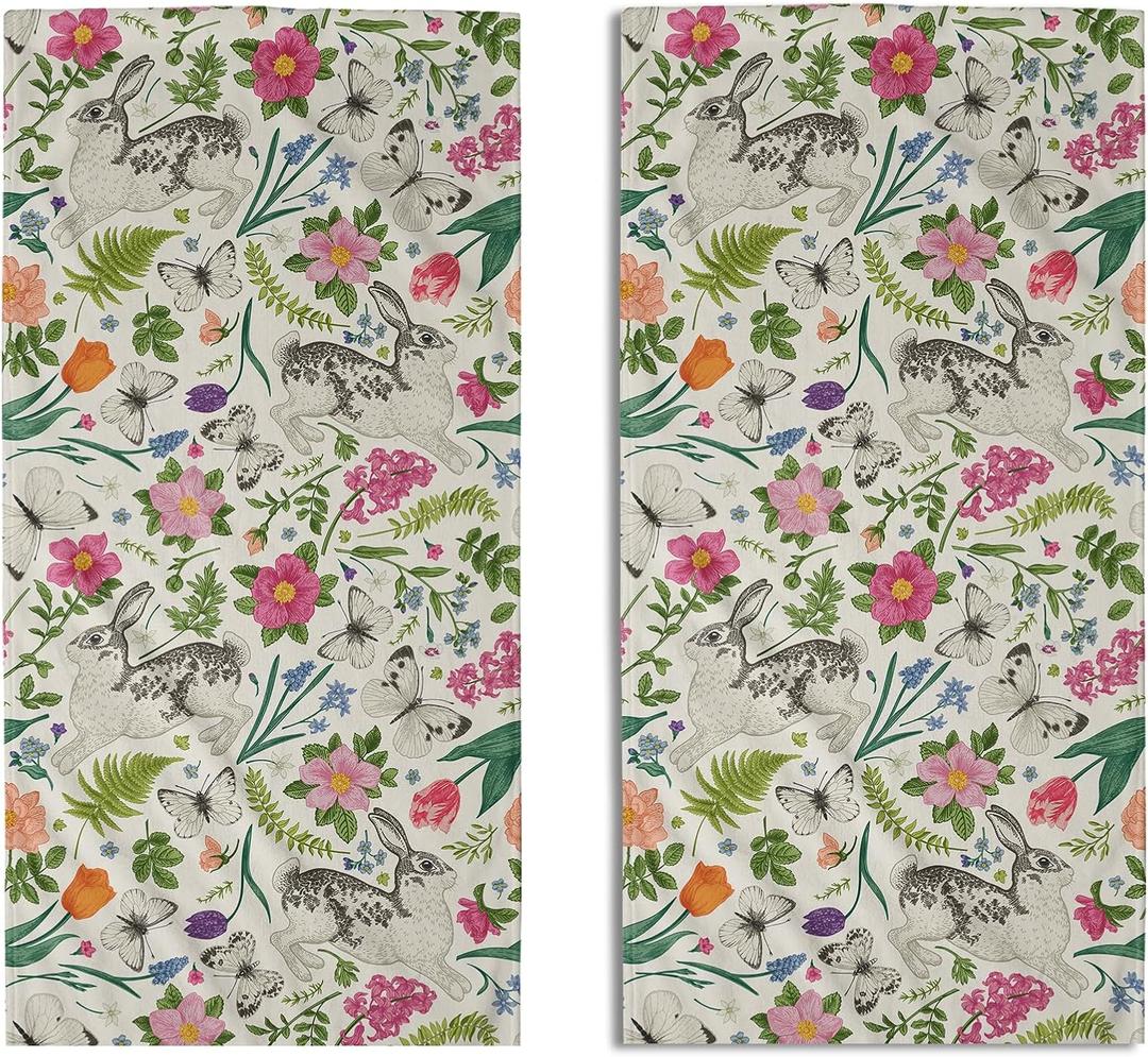 Spring Easter Floral Hand Towels for Bathroom Set of 2 Bunny Rabbit Butterfly Pink Green Vintage Botanical Holiday Decorative Handtowels Soft Absorbent Bath Towel for Home Guest Room Hotel Gym Spa