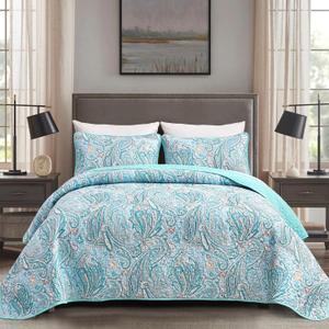 DJY Blue Paisley Quilt Set King Size Boho Bedspread Coverlet Set 3 Pieces, Soft Lightweight Microfiber Light Blue Paisley Floral Pattern Bedding for All Season, 110''x90''