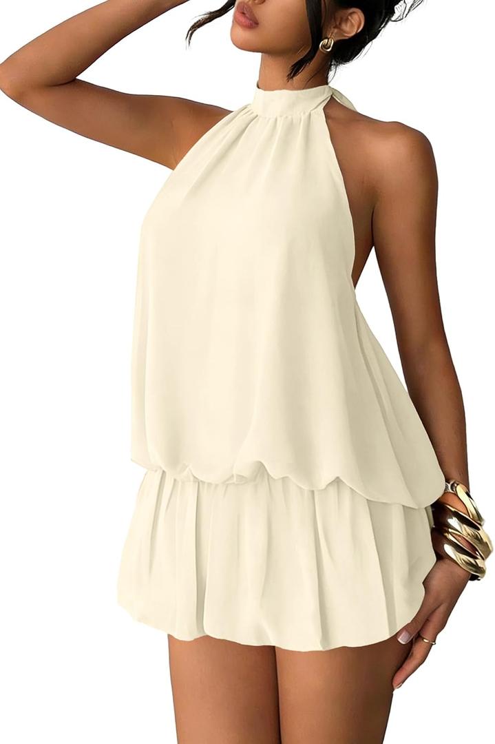 Ammiko Women's Chiffon Halter Drop Waist Mini Dress Wedding Guest Dresses Ruffle Short Summer Party Brunch Outfits,  Apricot, Medium