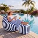 Outdoor Bean Bag Chair Set with Ottoman, Waterproof, Teardrop Boat Bean Bags and Matching Square Footrest, Breathable Weather Resistant Fabric for Marine Patio Pool(Blue White Stripe), 27" H 29" D 29" W