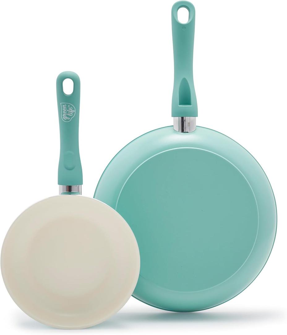 GreenLife Soft Grip Healthy Ceramic Nonstick 7" and 10" Frying Pan Set, Non Toxic PFAS & PFOA-Free, Dishwasher Safe, Egg Omelet Skillet, Cookware for Easy Cooking, Kitchen Essentials, Turquoise (7 in)