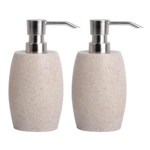 Clasin Home Sandstone Textured Resin Soap Dispenser with Metallic Pump and Waterproof Bottle Labels for Bathroom Kitchen Dish Hand Wash Shower Lotion Shampoo, 12 Oz, 2 Sets Beige