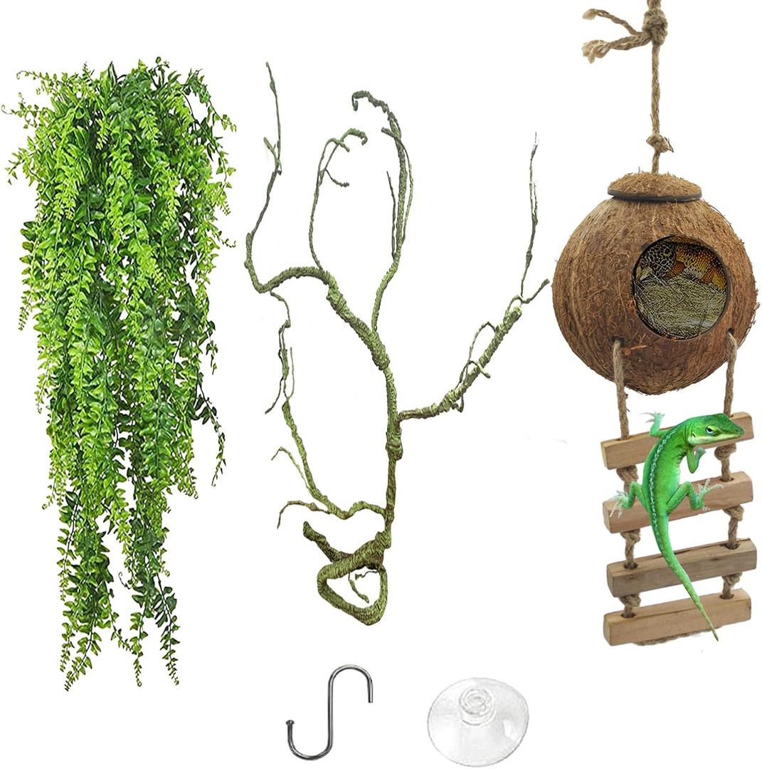 MUYG Crested Gecko Coconut Hide with Ladder,Reptile Natural Coco Shell Ladders Geckos Hideout Hut Lizards Hermit Habitat Leopard Gecko Terrarium Plant Accessories for Chameleon Snakes