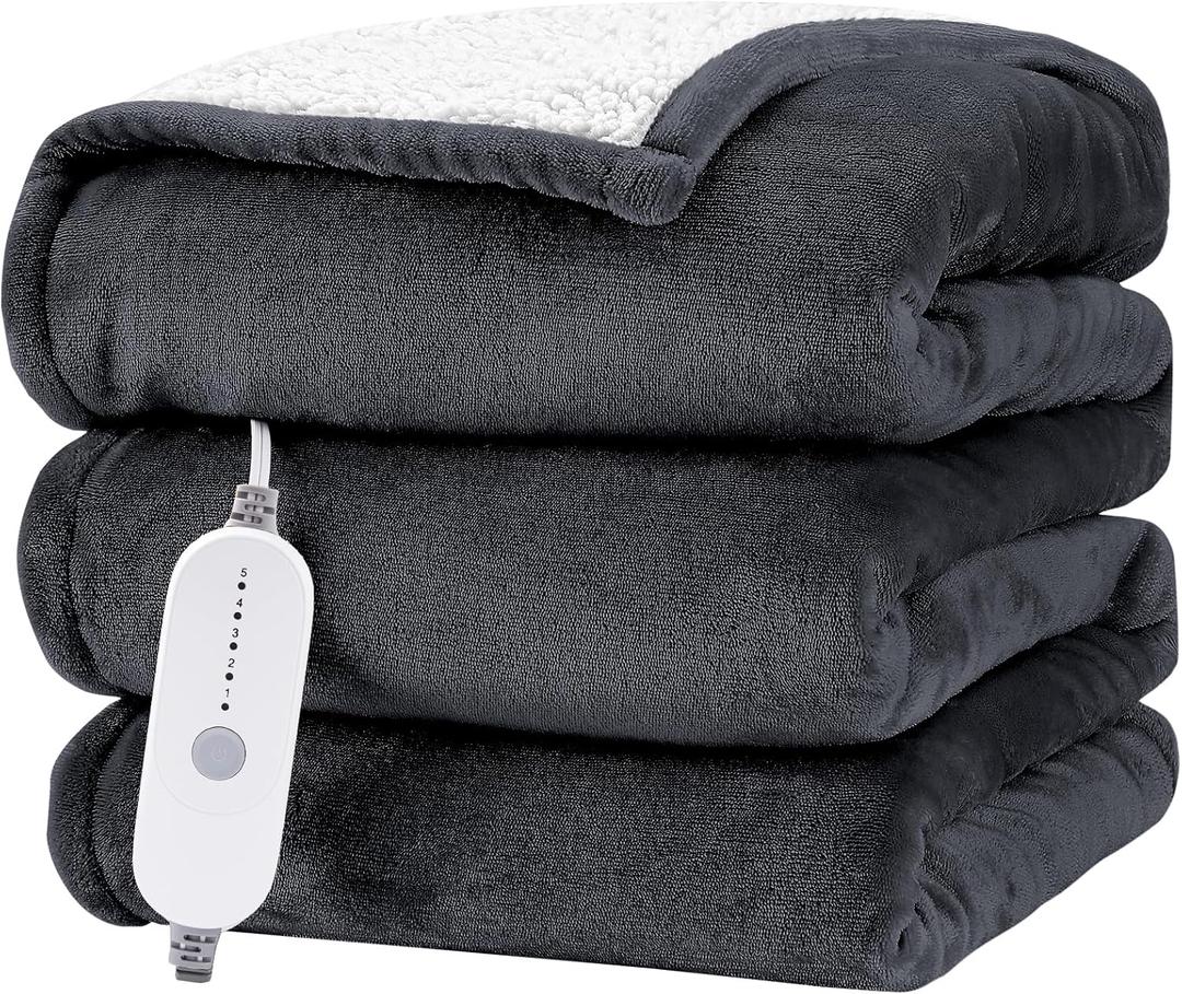 HYLEORY Heated Electric Blanket Throw 50"x60" Soft Fleece & Flannel with 5 Heating Levels & 3 Hours Timer Auto Shutt Off, ETL Certified, WashableHeated Blanket for Body-Dark Grey
