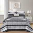 Dobuyly Grey Quilt King Size Set, Boho Bedspread King Size, Striped Bedding Sets 3 Pieces, Lightweight Soft Gray Black Coverlet Bed Sets with 2 Pillow Shams 110"x90"