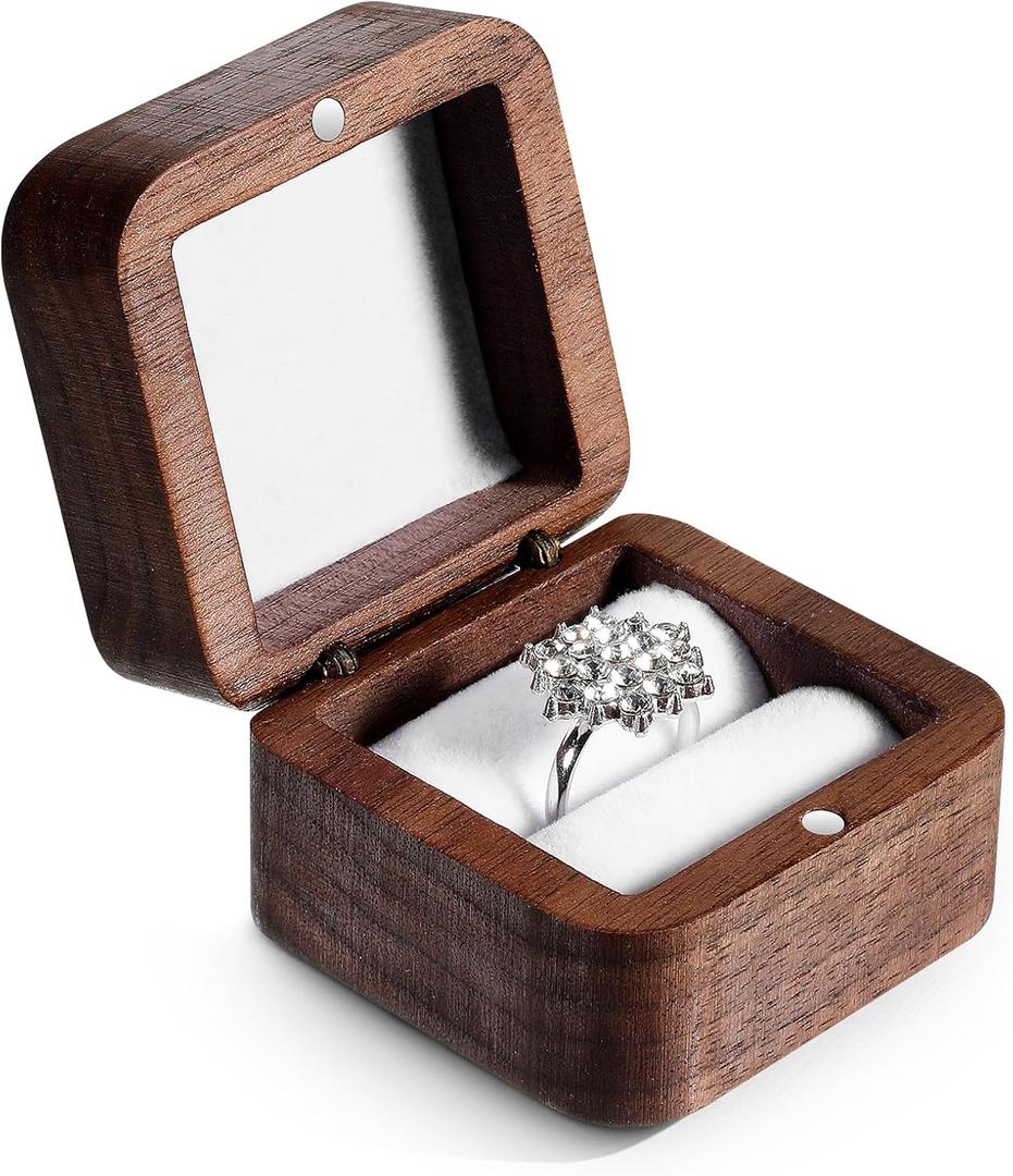 Wooden Ring Box, Proposal Ring Box, Single Slot Engagement Rings Holder, Wooden Square Rings Holder for Proposal Ceremony, Vintage Wood Jewelry Boxes