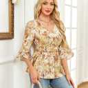Timeson Women's 3/4 Sleeve Tops Dressy Casual V Neck Floral Blouses Elastic Waist Fall Shirts (Yellow, XL)
