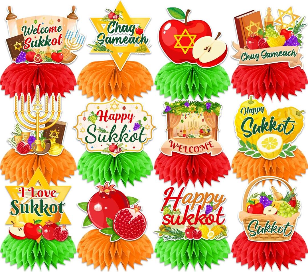 Sukkot Decorations Honeycomb Centerpieces,12pcs Sukkah Decorations Happy Sukkot Table Decoration for Jewish Holiday Festival Supplies