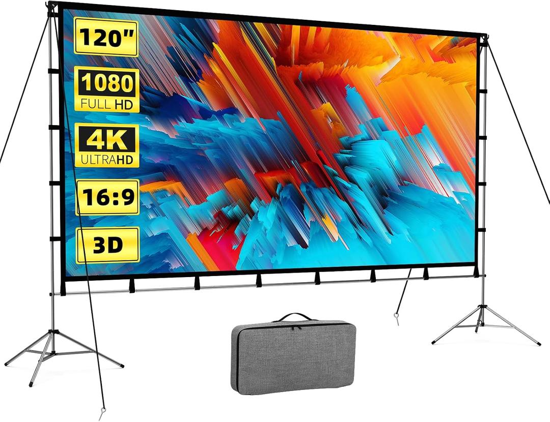 Outdoor Projector Screen with Stand 120 Inch, Vamvo Portable Projector Screen Indoor Outdoor with Carry Bag, 16:9 4K HD Movie Screen for Home Backyard Theater
