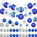 48 Pcs Christmas Hanukkah Ball Ornaments - 12 Styles White Blue Jewish Menorah Chanukah Decorations - Dreidel Star Hanging Ornaments for Xmas Tree Decor