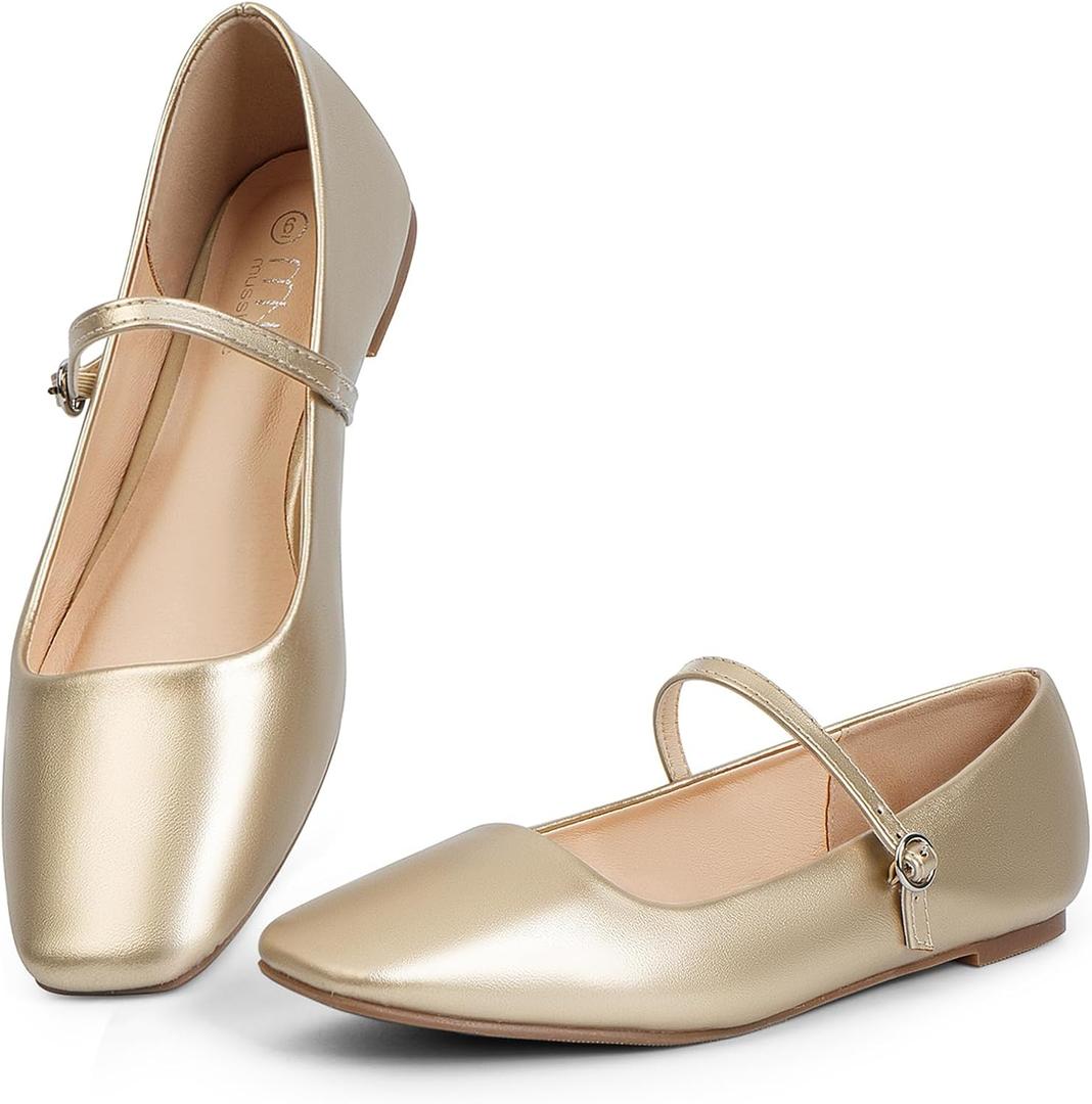 MUSSHOE Mary Jane Flats for Women: Classic Square Toe Ballet Flats with Strap - Comfortable Dressy Shoes for Teachers & Office (11, Gold)