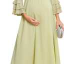 CYCLAMEN Floral Lace Maternity Maxi Dress Ruffle Bell Sleeves Crew Neck Elegant Chiffon Evening Gown Baby Shower Wedding (Green, XL)
