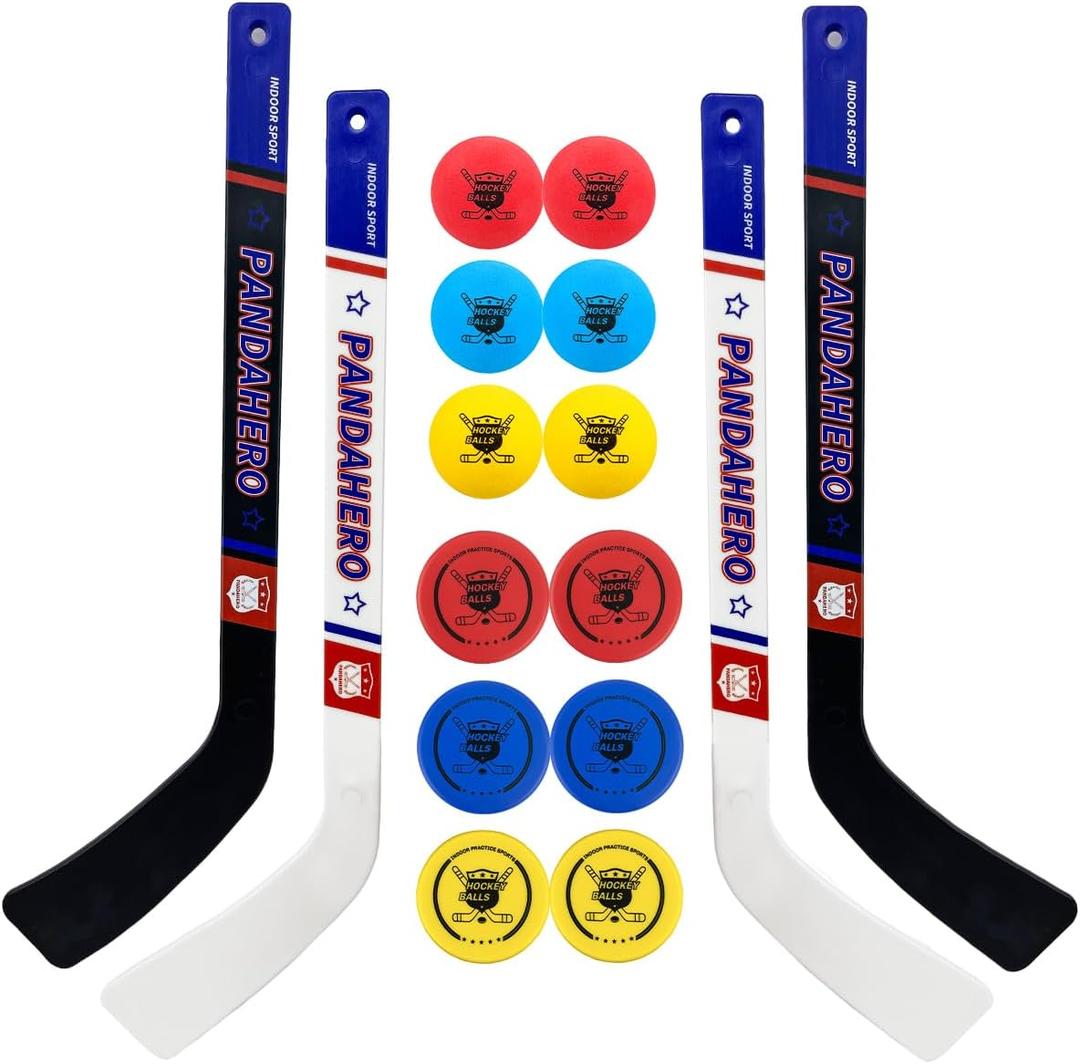 Pandahero Mini Knee Hockey Sticks Set for Kids  Kids Toys Gifts for Toddler Boys & Girls  Indoor Mini Hockey Kit with 4 Sticks, 6 Foam Balls & 6 Pucks