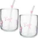 Skylety 2 Set Pink Bow Icon Juice Glass with Pink Bow Glass Straws Aesthetic Cup 14 Ounce Double Old Fashioned Icon Handblown Cocktail Cup for Women Sister Friend Part, Not Suitable for Hot Water
