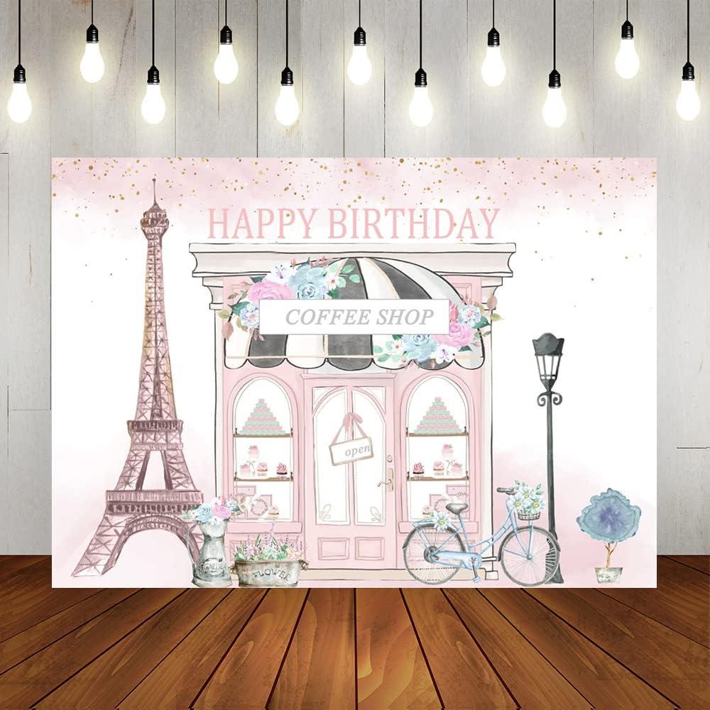 Lofaris Pink Paris Birthday Backdrop for Girls Floral French Parisian Cafe Tea Party Background Happy First Birthday Party Decor Cake Table Banner 7x5ft