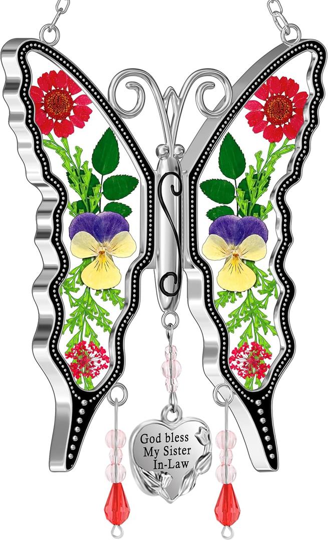 KY&BOSAM Gifts for Women God Bless My Sister in-Law Butterfly Suncatcher Sister Gifts Pressed Flower Between Wings Glass Silver Metal Charm Birthday Mother's Day Thanksgiving Christmas