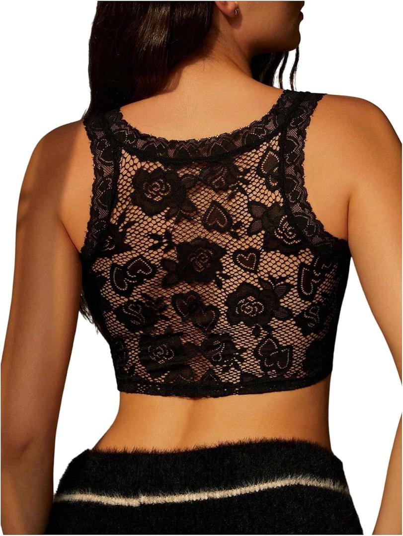 WDIRARA Women's Floral Lace Patchwork Tank Top Mesh Sheer Back Sleeveless Crop Tops (Black, S)