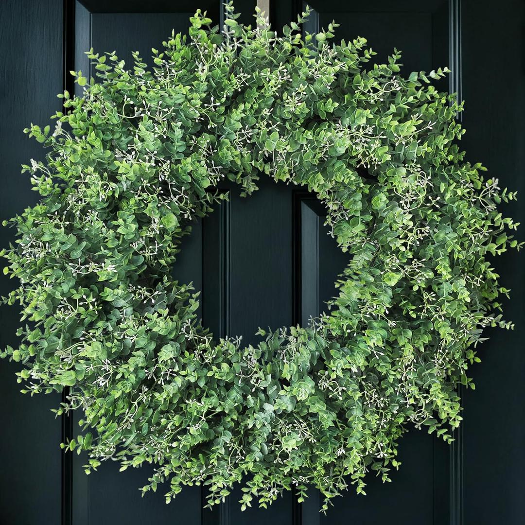 32'' Eucalyptus Wreath for Front Door - Large Artificial Eucalyptus Leaves with White Seeds Greenery Outdoor Wreath for Porch,Window,Farmhouse,Home,Hanging Decor- Spring, Summer, All Seasons (Green)