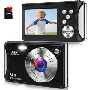 Digital Camera, UHD 4K 64MP Point and Shoot Digital Cameras Compact Camera for Kids with 18X Digital Zoom 32GB SD Card, Anti-Shake with Tripod, Small Gift for Boys Girls Teens Beginner, Black