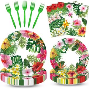 100 Pcs Tropical Luau Party Supplies Set, Serves 25  Disposable Hibiscus Floral Paper Plates, Napkins, and Forks, Hawaiian Themed Tableware for Summer BBQ, Pool and Beach Aloha Birthday Decorations