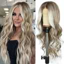 SAPPHIREWIGS Long Brown Wavy Wig for Women 13×4 Synthetic Lace Front Wigs Body Wavy Hair Grayish Brown with Blonde Tips Natural Looking Heat Resistant Fiber for Daily Party Use 26inch