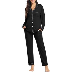 YOPUGEE Womens Modal Button Up Pajamas 2 Piece Long Sleeve Comfy Pjs Sleepwear Soft Pajama Lounge Set Loungewear S-3XL (Medium, 01 Black)