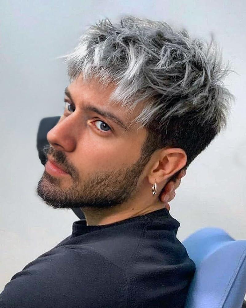 Mens Wigs Short Grey Mixed Silver Wig Layered Natural Short Hair Wigs for Men Cosplay Halloween Party Synthetic Fashion Wig