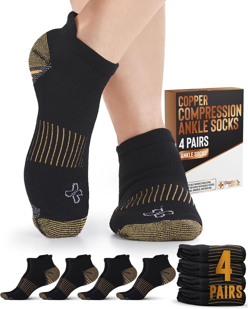 Doctor's Select Copper Ankle Compression Socks for Women and Men - 4 Pairs | Athletic Running Plantar Fasciitis Socks (Large)