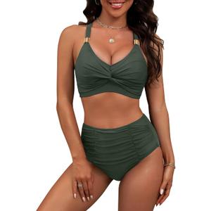 Blooming Jelly Womens High Wasited Bikini Sets Tummy Control Swimsuits Metal Slimming Bathing Suit Modest Beach Outfits (L, Army Green)