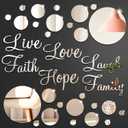 Zonon 3D Acrylic Mirror Wall Decor Stickers 6 Word DIY Faith Live Laugh Hope Love Family Mirror Wall Decor 26 Solid Circle Stickers for Home Bedroom Office(Silver)