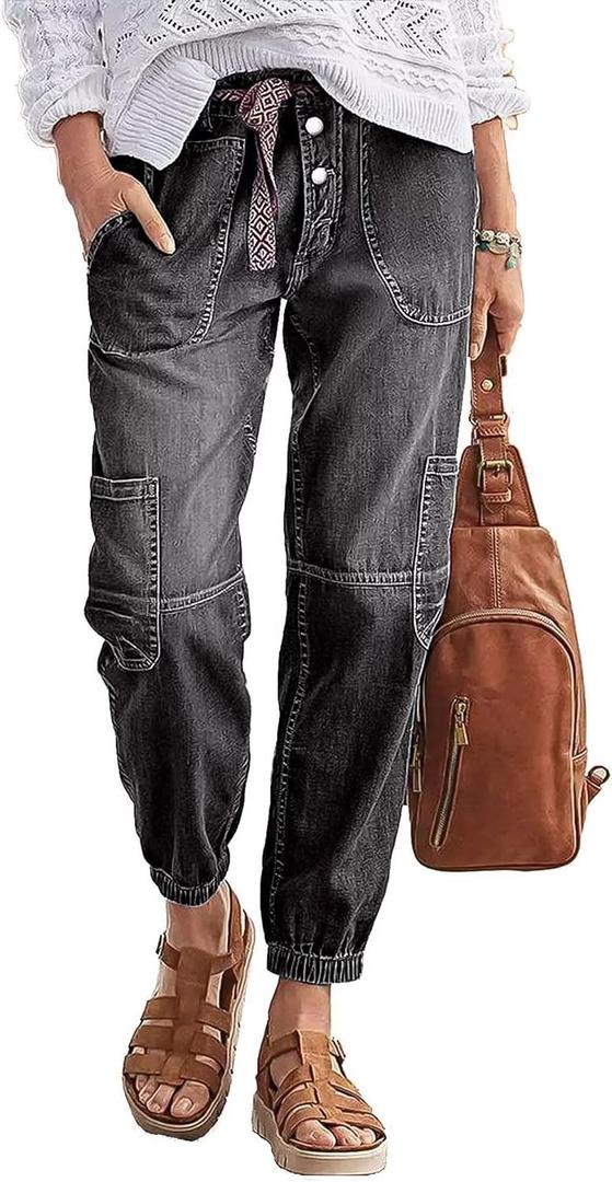 Flamingals Straight Leg Button Fly Jeans for Women Multi Pocket Mid Rise Jeans Without Belt Denim Pants (Large, Gray)