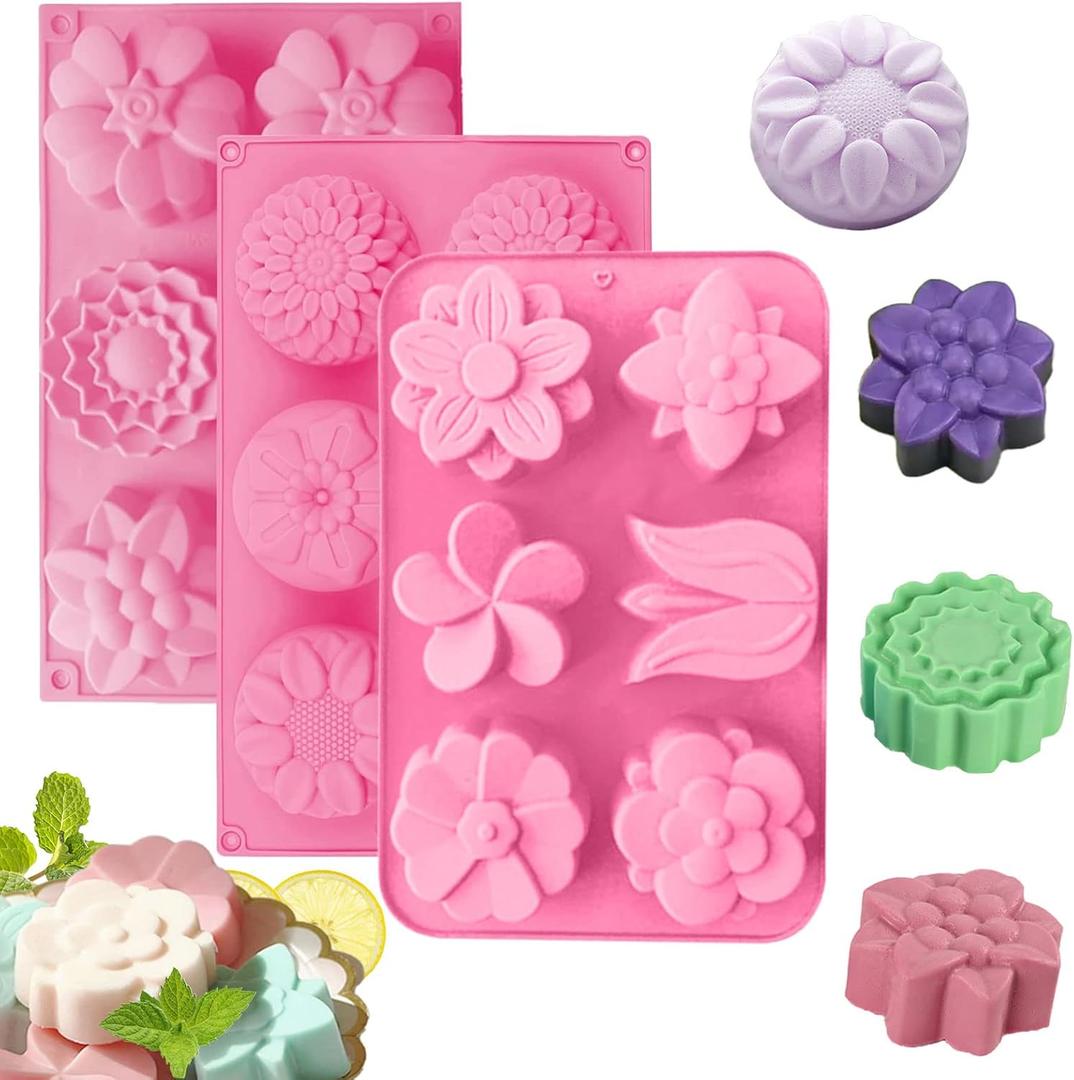 Silicone Soap Molds, different Cavities Soap Mold with Different Shapes, Perfect for Soap Making, Handmade Cake Chocolate Desserts Biscuit Pudding Teacake Jelly 3 Pack - Flower