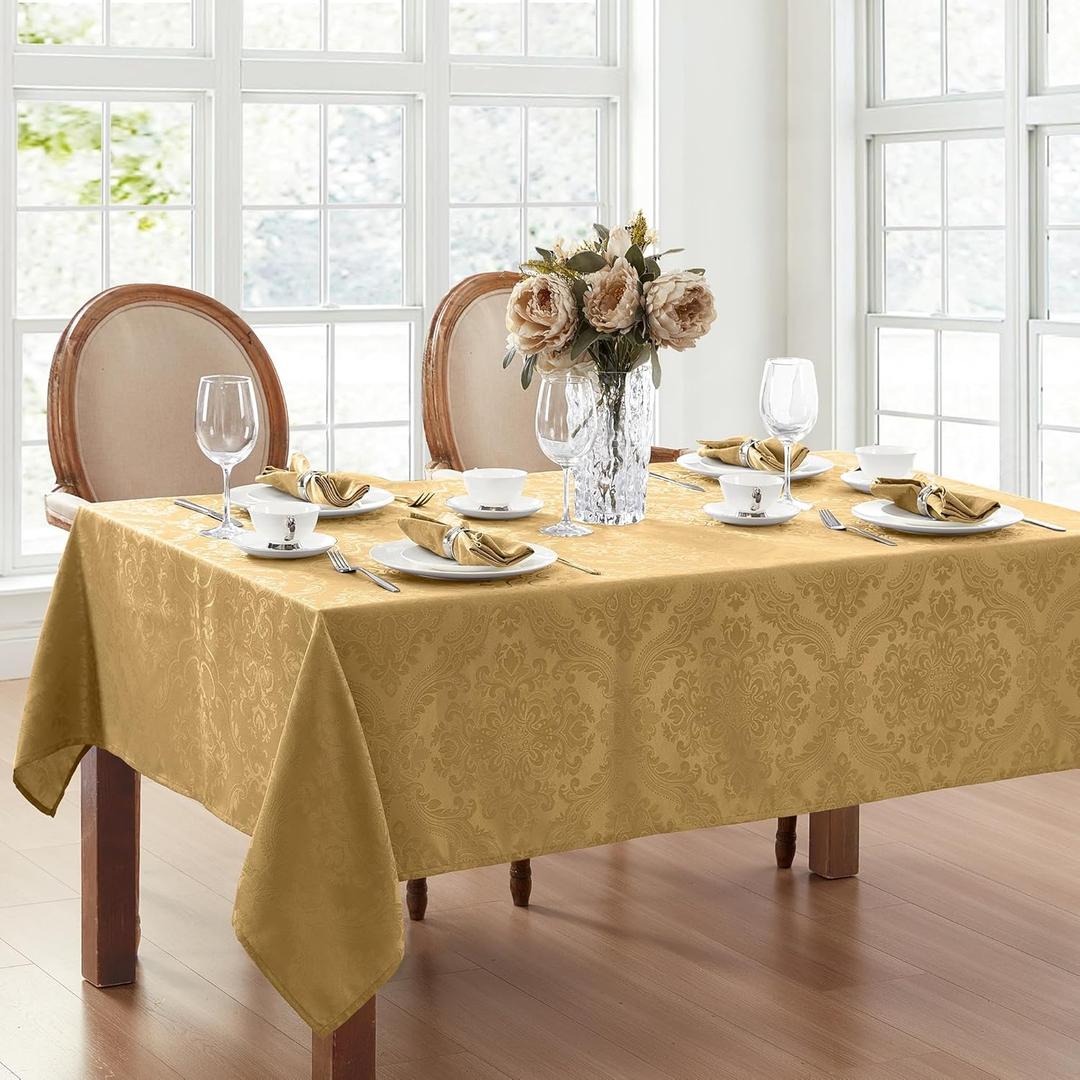 Elrene Home Fashions Caiden Elegance Damask Waterproof, Stain & Wrinkle Resistant Fabric Tablecloth, 60" x 144" Oblong/Rectangle, Gold (144" x 60" (Rectangular))