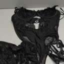 Lilosy Sexy Stocking Rhinestones Heart Garter Underwire Floral Mesh lace Sheer Babydoll Lingerie Teddy Bodysuit Skirt Set (Large, Black)