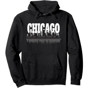 Chicago Windy City Skyline and Reflection Hoodie Pullover Hoodie, Size M