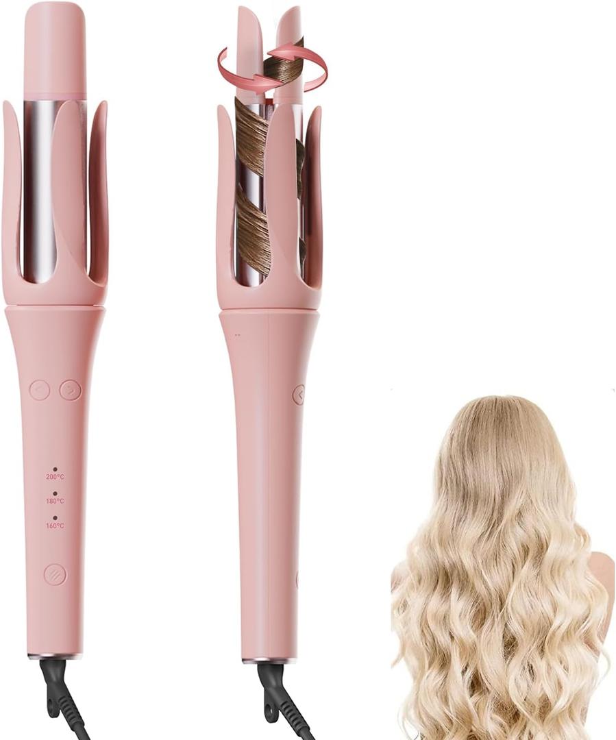TANSHINE Automatic Rotating Curling Iron,1.25 Inch Ionic Curling Wand with 3 Temp,Hair Waver with Anti-Scald Design, Dual Voltage Hair Curler, Ceramic Coating for Travel,32mmBarrel,Pink