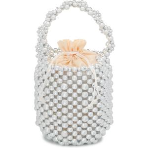 white pearl Women Beaded crossbody purse Evening Bucket Handmade Bags with DustBag for Wedding Party banquet (Soft Silver)