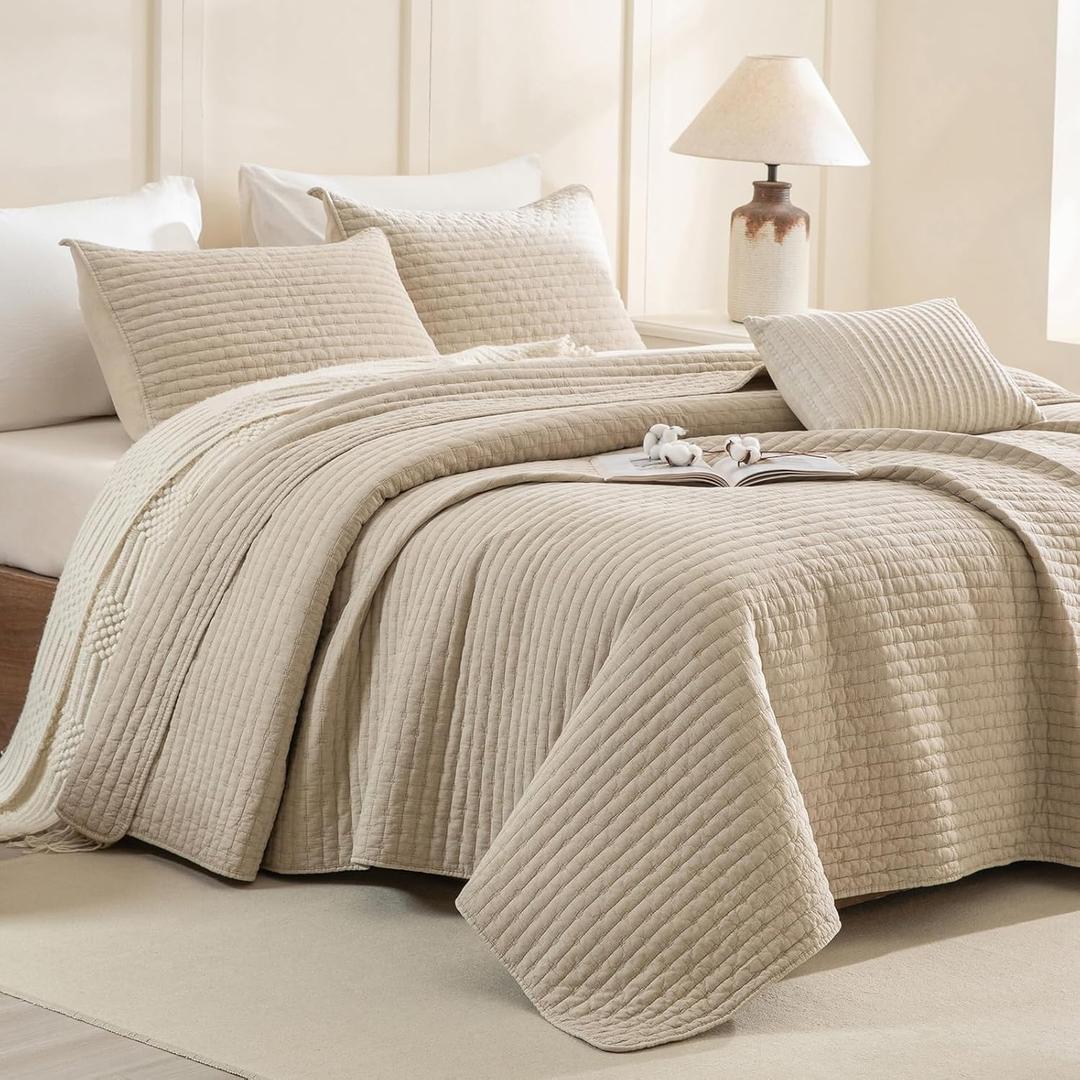 CozyTide Oversized King Quilt 120x120,Stone-Washed Cotton Wheat Oversized King Bedspread,3 Pieces Lightweight Ultra Soft California King Coverlet Set for All Season