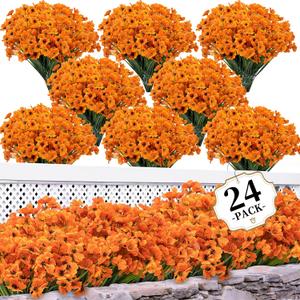 Artificial Mums for Outdoors/Indoors Faux Mums for Outdoor Planters, Fall Flowers Artificial for Decoration Garden Porch Window Box Home Wedding Farmhouse (Orange)