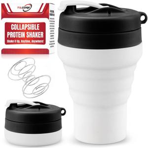 Protein Shaker Bottle Collapsible - Food-Grade, Leakproof Lid 600mL/20oz Shaker - Reusable Silicone Shaker Cups for Protein Shakes for Gym-goers & Travelers (Black 1)