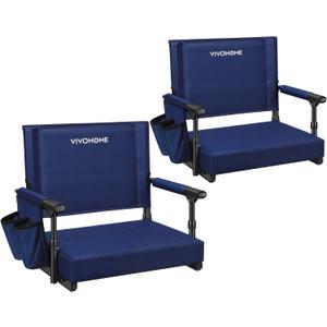 VIVOHOME Stadium Seats with Back Support and Cushion, 2 Pack Portable Bleacher Chairs with Cup Holder and Shoulder Strap (Navy Blue)