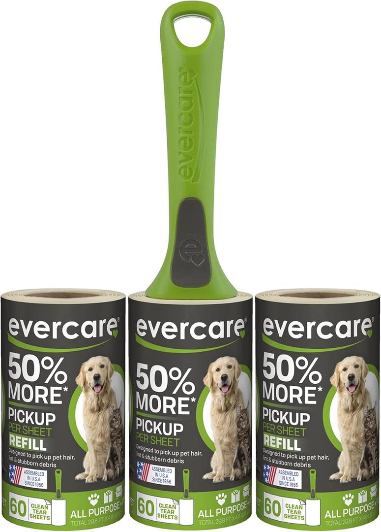 Evercare All Purpose Pet Hair Lint Roller with 2 Refills, 180 Total Sheets  Reusable Sticky Roller for Pet Hair, Cat & Dog Hair Remover, Lint Remover, Pet Hair Remover for Furniture, Clothing & Cars