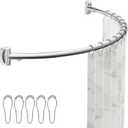 ENJOYBASICS Curved Shower Curtain Rod with Shower Rings, Adjustable Round Bathroom Rod for Extra Space, Rustproof, Need to Drill, Silver, 35-77 Inches