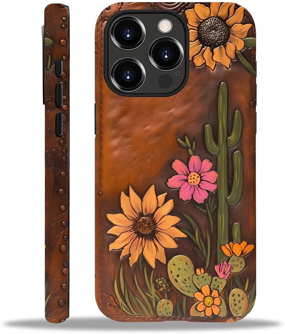 Magnetic Case for iPhone 15 Pro Max,Compatible with Magsafe,PC Hard Shell & Silicone Inner Bumper,Shockproof Full-Body Cover Slim Design for iPhone 15 Pro Max Case - Retro Cactus Sunflower