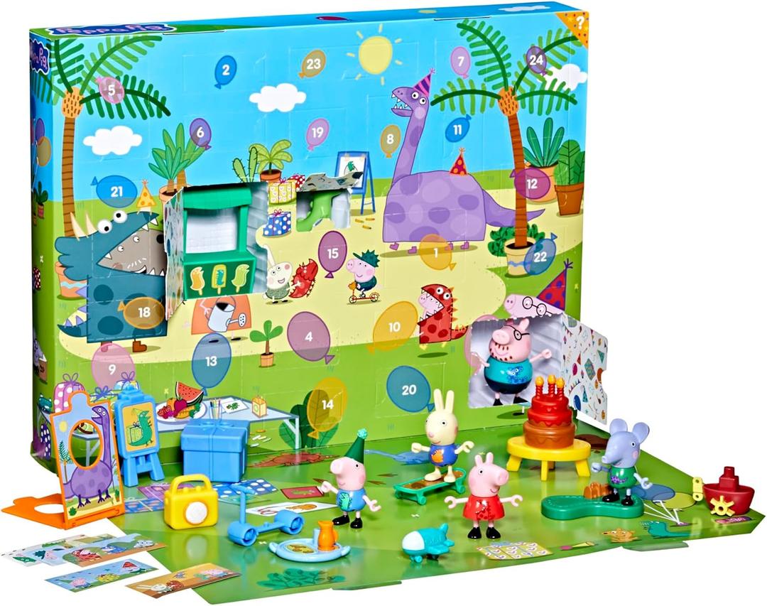 Peppa Pig George's Party Advent Calendar with 24 Surprise Toys and Stickers Including 5 Figures, Preschool Toys for Girls and Boys 3 and Up 