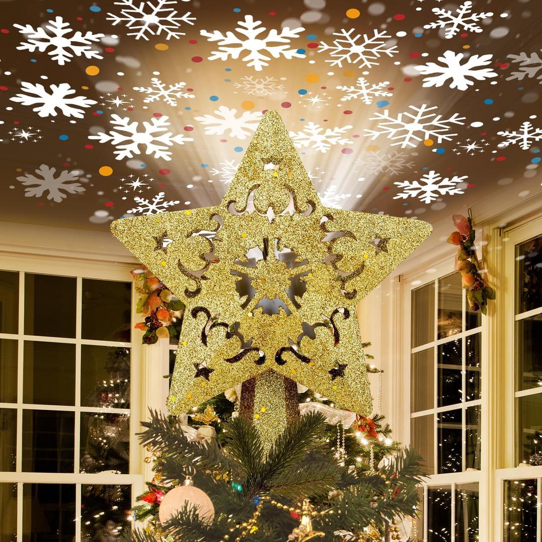 Christmas Tree Topper Star Lighted with LED Rotating Silver Snowflake Projector, Plug in Christmas Star Tree Topper Ornament 3D Glitter Projection for Indoor Office Party Holiday Xmas Decorations