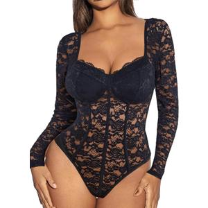 Avidlove Womens Bodysuits Long Sleeve Body Suits Womens Lace Going Out Tops One Piece Bodysuits for Women with Snap Crotch (Medium, Black)