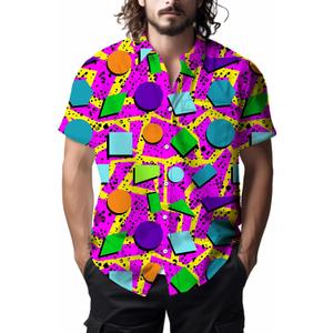 Mens Shirts 80s 90s Shirts for Men Casual Button Down Short Sleeve Shirt, Funny Party Quick Dry Mens Clothing, Large 